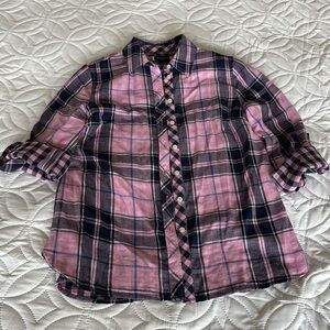 Talbots women petite pink/blue plaid button down shirt 100% cotton